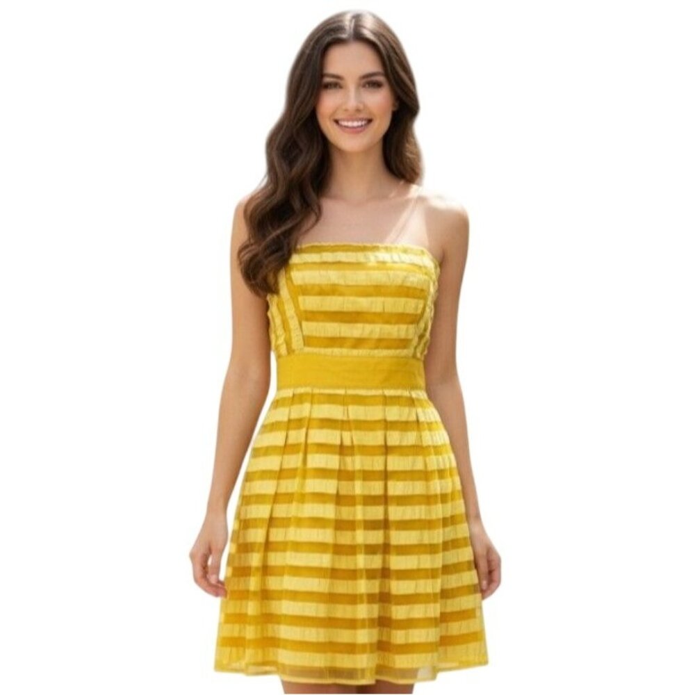 Yellow Strapless Crinkle Sheer Stripe Pleated Dress 6 Girly Flowy HOCO Pageant